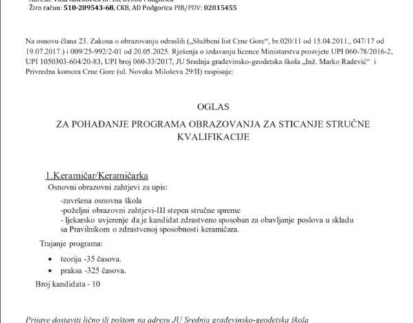 OGLAS ZA POHAĐANJE PROGRAMA OBRAZOVANJA ZA STICANJE STRUČNE KVALIFIKACIJE