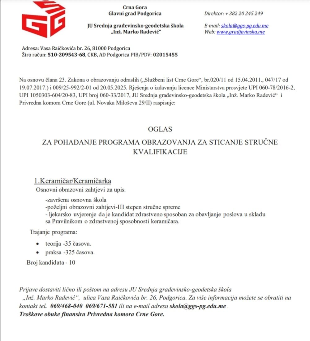 OGLAS ZA POHAĐANJE PROGRAMA OBRAZOVANJA ZA STICANJE STRUČNE KVALIFIKACIJE